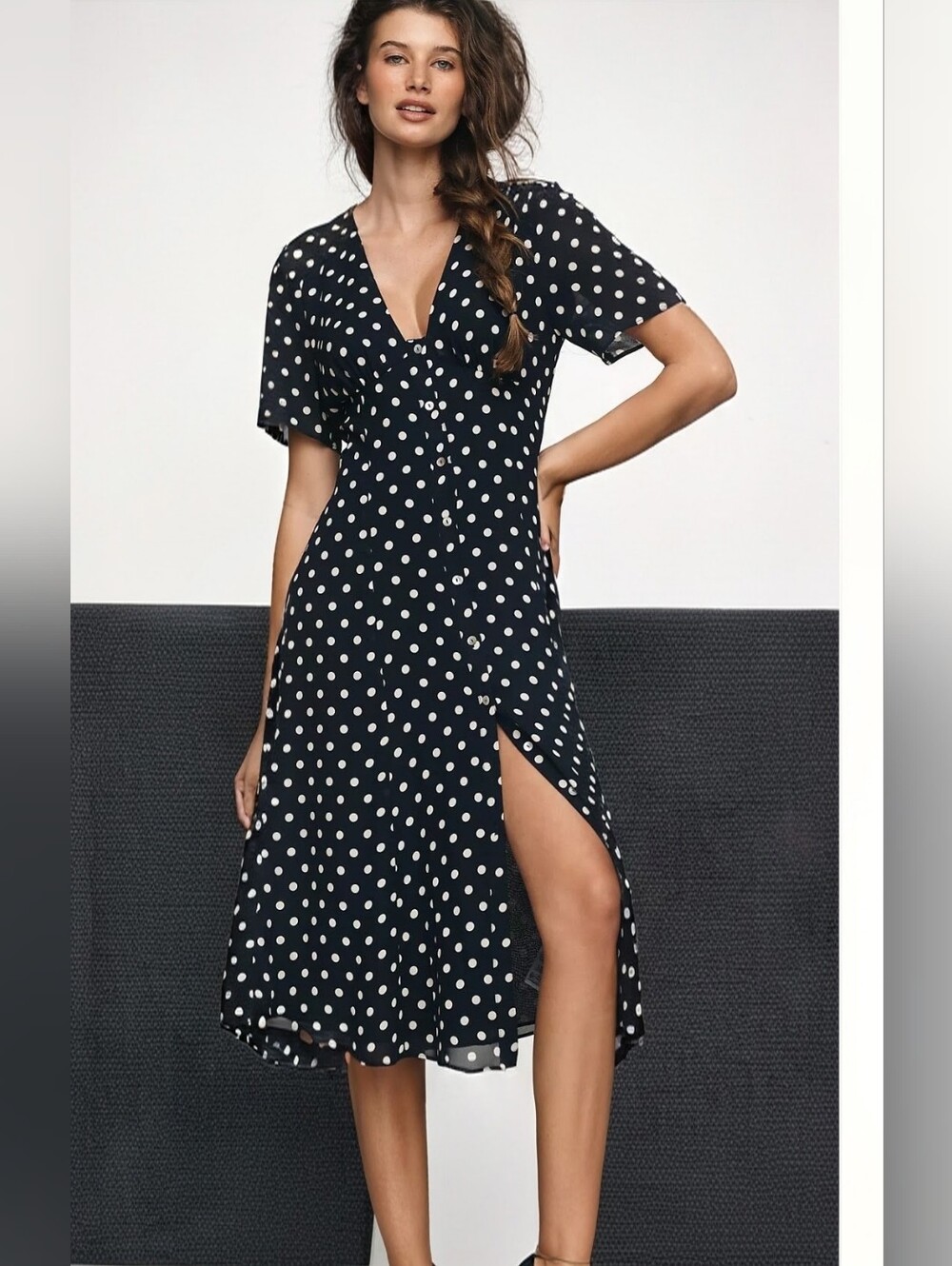 Reformation Polka Dot V-Neck Midi Dress